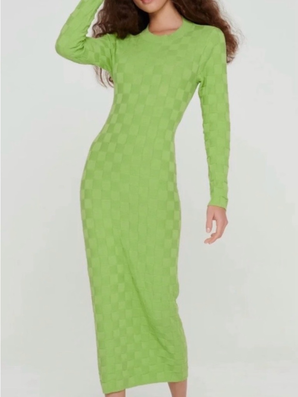 Fitted Long-Sleeve Checker Knit Midi Dress in Lime